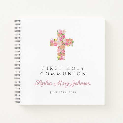 Budget Pink Floral Cross Religious First Guestbook Notebook