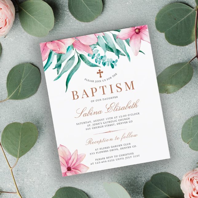 Budget pink floral elegant baptism invitation (Creator Uploaded)