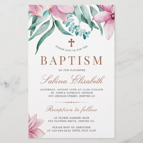 Budget pink floral elegant baptism invitation flyer