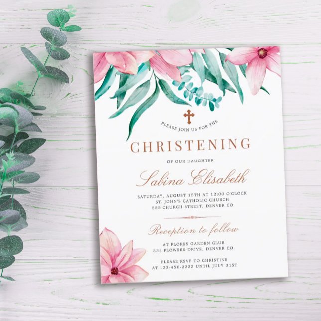 Budget pink floral elegant christening invitation (Creator Uploaded)