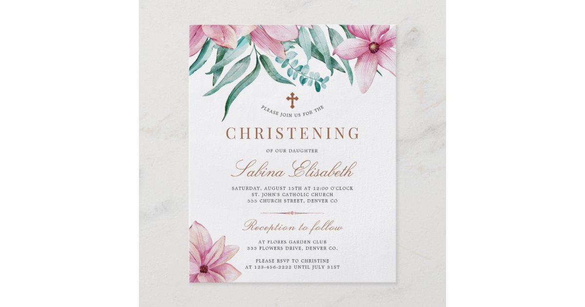 Budget pink floral elegant christening invitation flyer | Zazzle