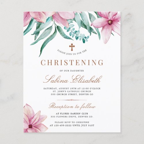 Budget pink floral elegant christening invitation flyer