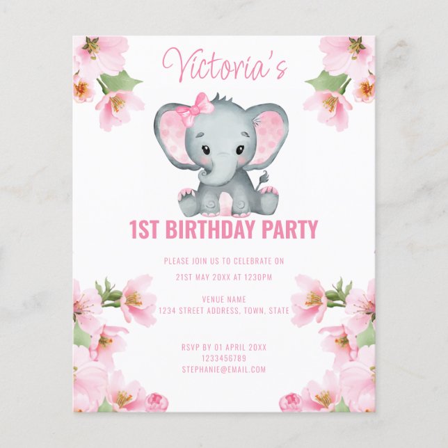 Budget Pink Floral Elephant 1st Birthday Invite (Front)