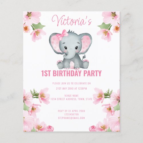 Budget Pink Floral Elephant 1st Birthday Invite