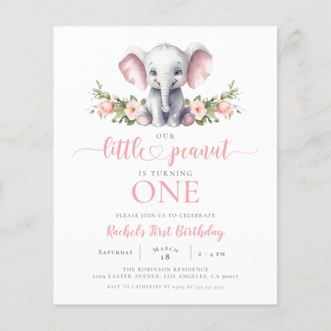 Budget Pink Floral Elephant  Girl 1st Birthday (Front)