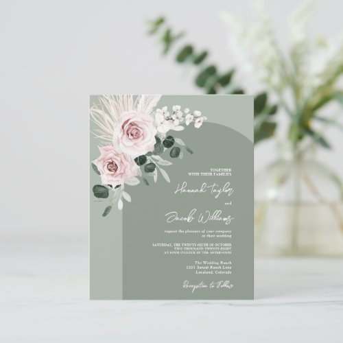 Budget Pink Floral Eucalyptus Sage Wedding Invite
