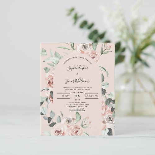 Budget Pink Floral Eucalyptus Wedding  Invitation