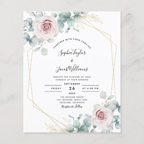 Budget Pink Floral Eucalyptus Wedding Invitation