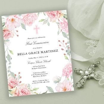 Budget Pink Floral First Communion Invitation by Celebrais at Zazzle
