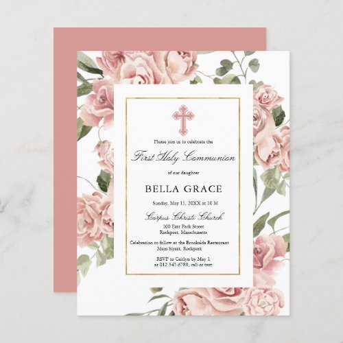 Budget Pink Floral First Holy Communion Invitation