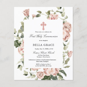 Budget Pink Floral First Holy Communion Invitation