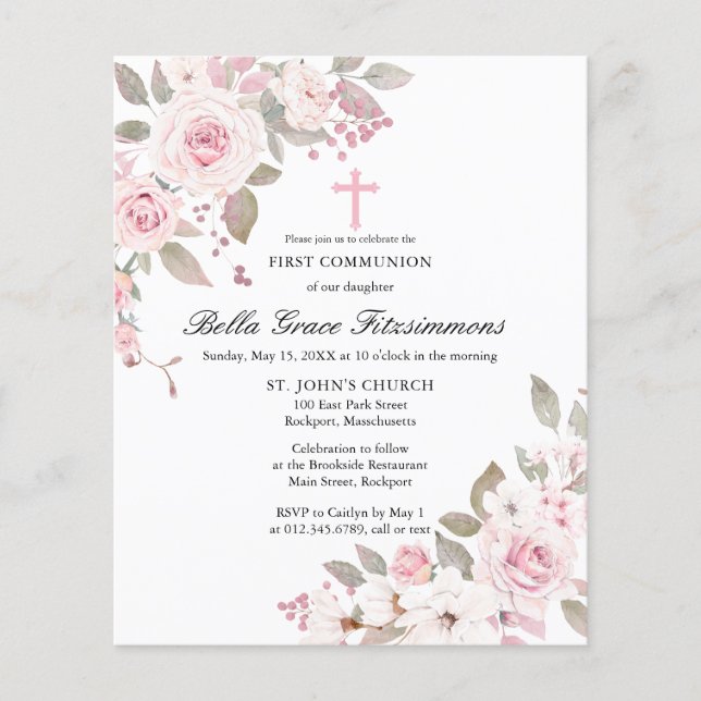 Budget Pink Floral First Holy Communion Invitation (Front)