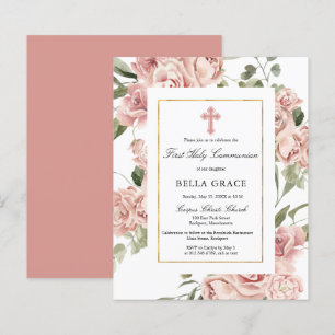 Budget Pink Floral First Holy Communion Invitation