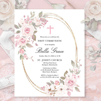 Budget Pink Floral First Holy Communion Invitation by Celebrais at Zazzle