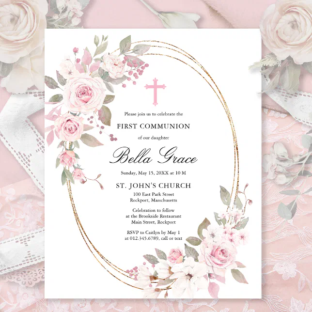 Budget Pink Floral First Holy Communion Invitation | Zazzle