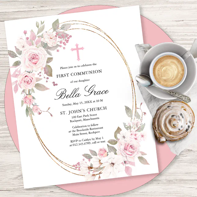 Budget Pink Floral First Holy Communion Invitation | Zazzle