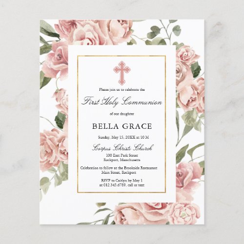 Budget Pink Floral First Holy Communion Invitation Flyer