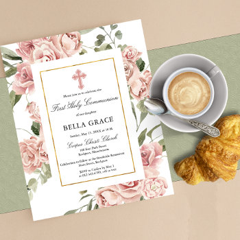 Budget Pink Floral First Holy Communion Invitation Flyer by Celebrais at Zazzle
