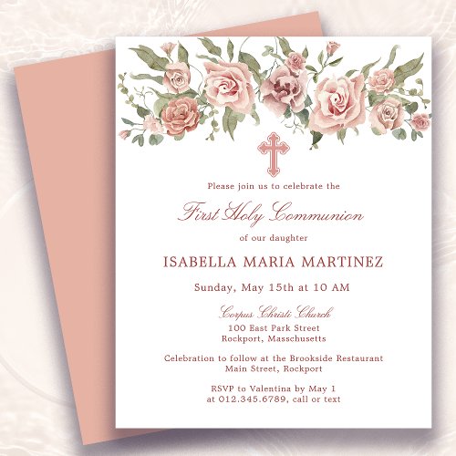 Budget Pink Floral First Holy Communion Invitation Flyer