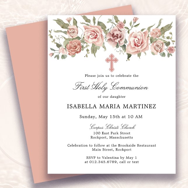 Budget Pink Floral First Holy Communion Invitation Flyer (Creator Uploaded)