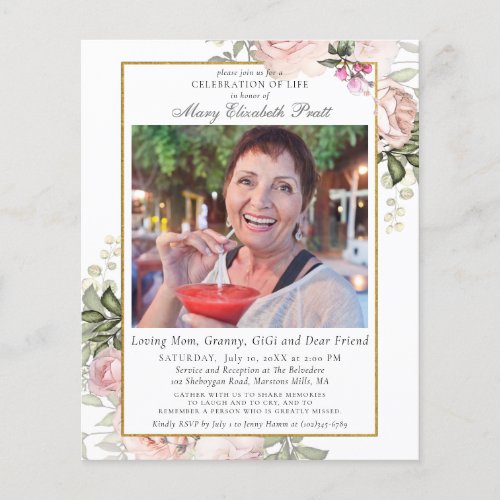 Budget Pink Floral Funeral Photo Invitation