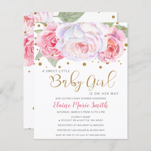 Budget Pink Floral Girl Baby Shower Invitation