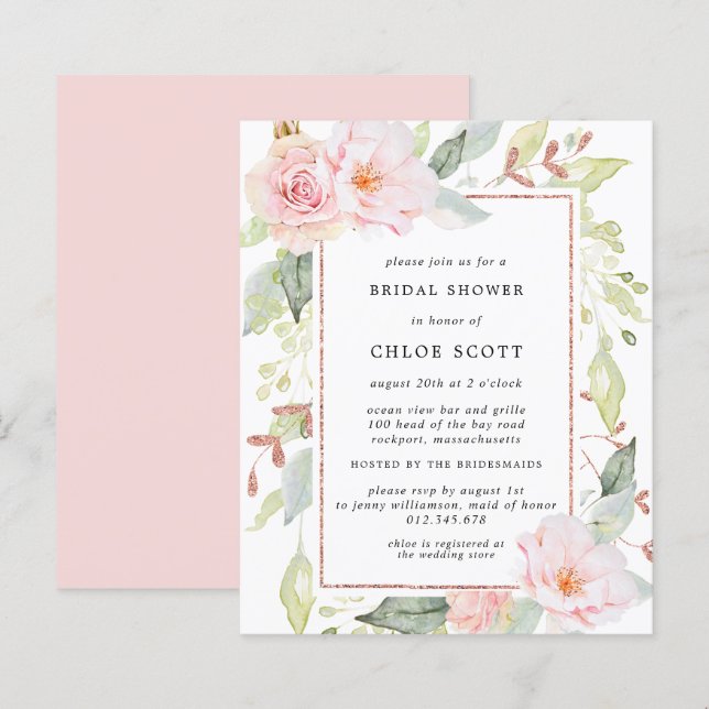 Budget Pink Floral Gold Bridal Shower Invitation (Front/Back)