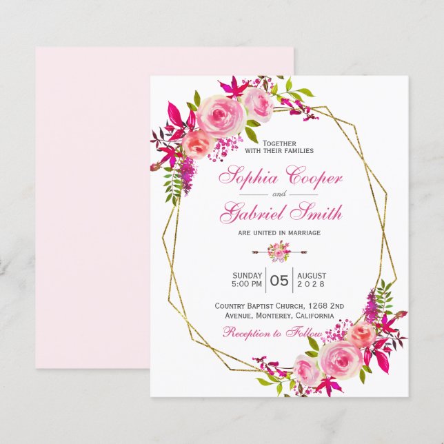 Budget Pink Floral | Gold Frame Wedding Invitation (Front/Back)