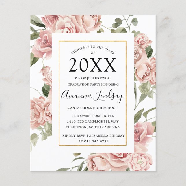 Budget Pink Floral Graduation Party Invitation Flyer (Front)