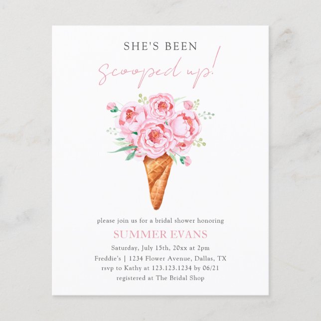Budget Pink Floral Ice Cream Bridal Shower Invites (Front)