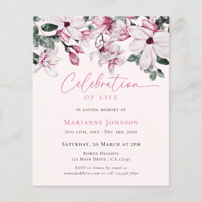 Budget Pink Floral Memorial Celebration of Life Flyer (Front)