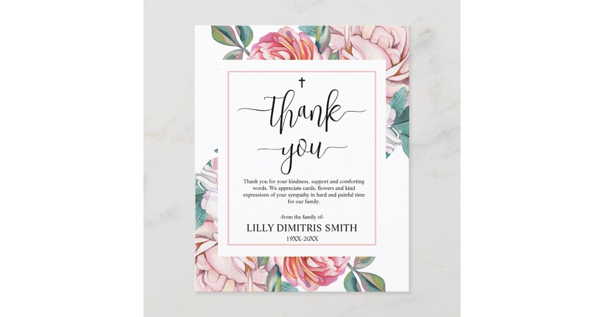 Budget Pink Floral Memorial Funeral Thank you Card | Zazzle