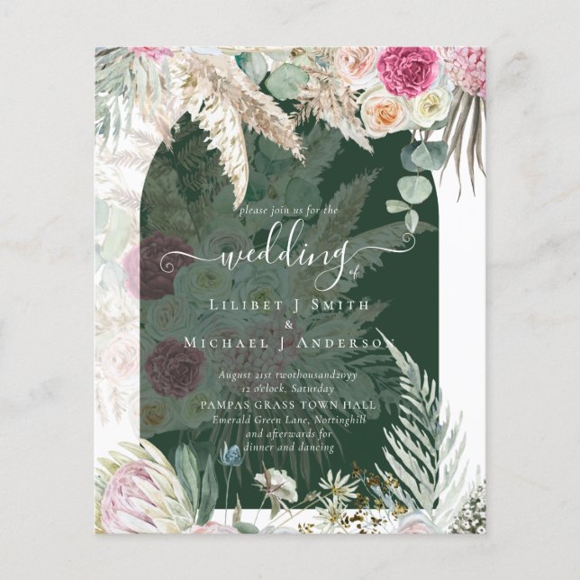 BUDGET Pink Floral Pampas Grass Wedding Flyer (Front)