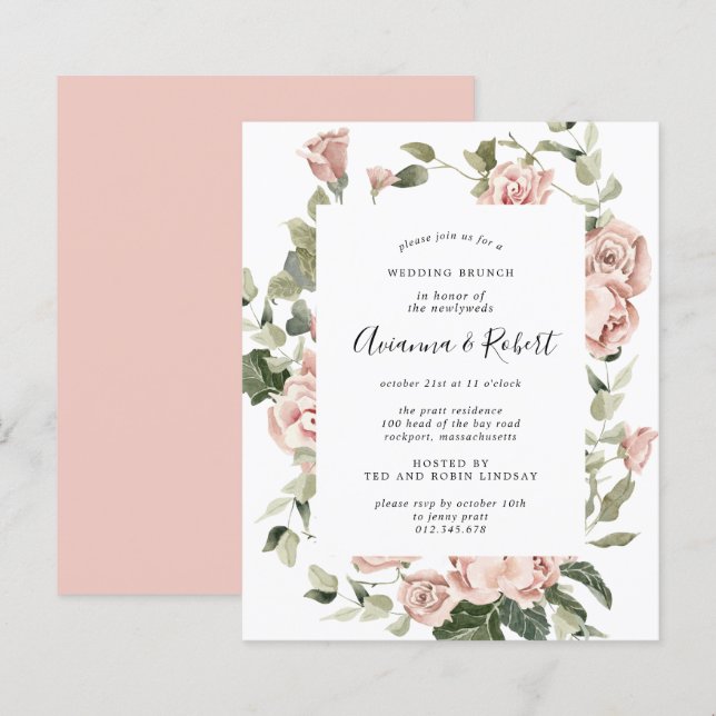 Budget Pink Floral Post Wedding Brunch Invitation (Front/Back)