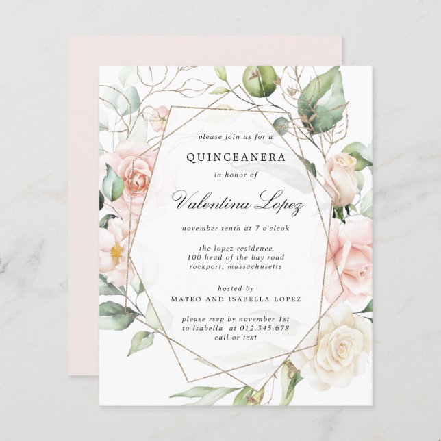 Budget Pink Floral Quinceanera Party Invitation (Front/Back)