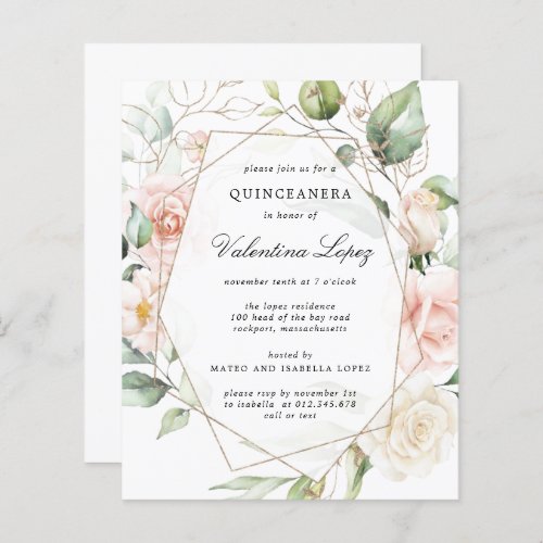 Budget Pink Floral Quinceanera Party Invitation