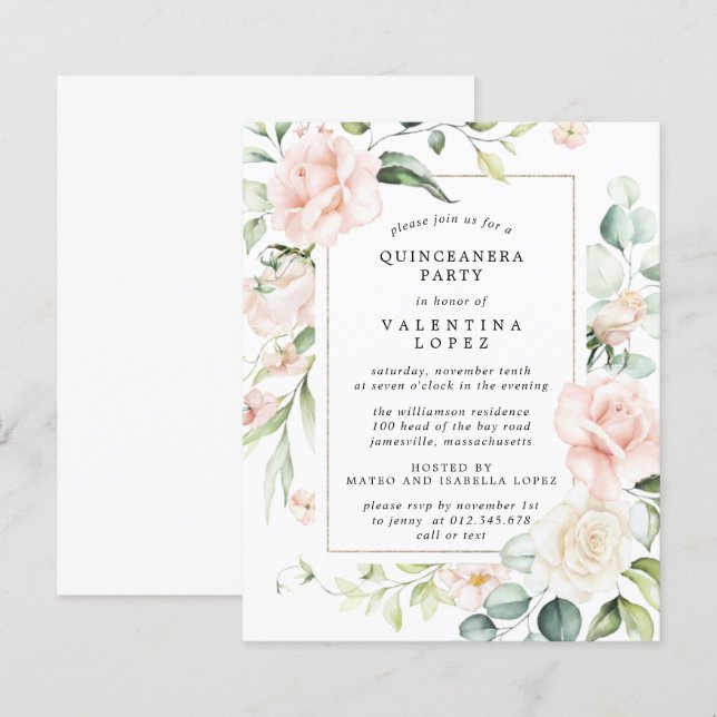 Budget Pink Floral Quinceanera Party Invitation (Front/Back)
