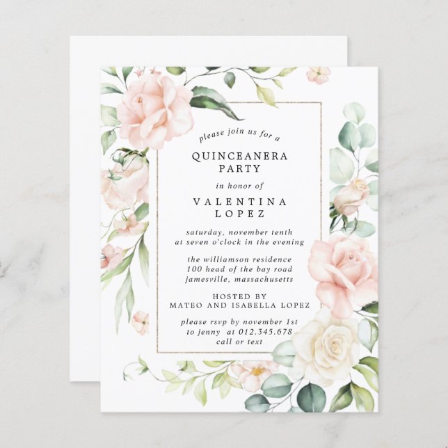 Budget Pink Floral Quinceanera Party Invitation (Front/Back)