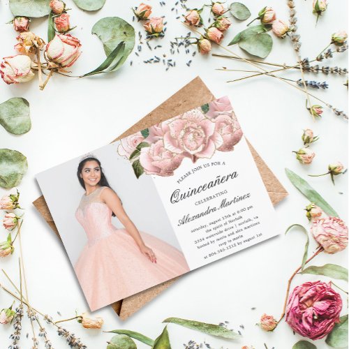 Budget Pink Floral Quinceanera Photo Invitation Flyer