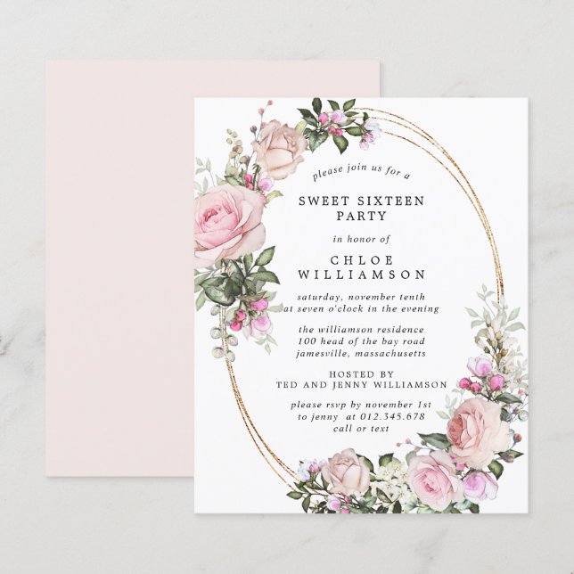 Budget Pink Floral Sweet 16 Party Invitation (Front/Back)