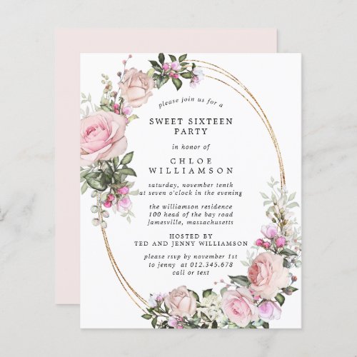 Budget Pink Floral Sweet 16 Party Invitation