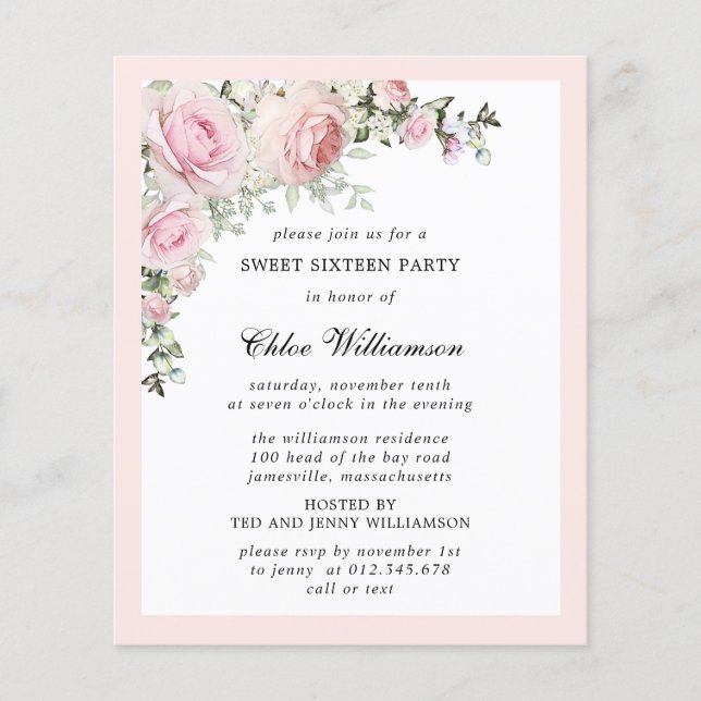 Budget Pink Floral Sweet 16 Party Invitation (Front)