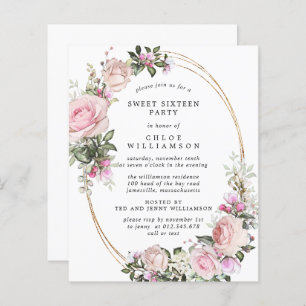 Budget Pink Floral Sweet 16 Party Invitation