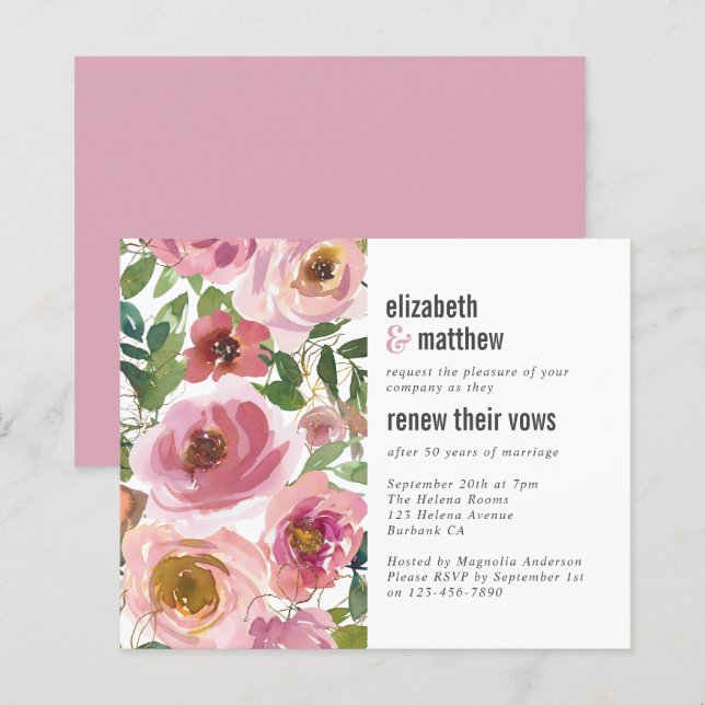 Budget Pink Floral Vow Renewal Invitation (Front/Back)