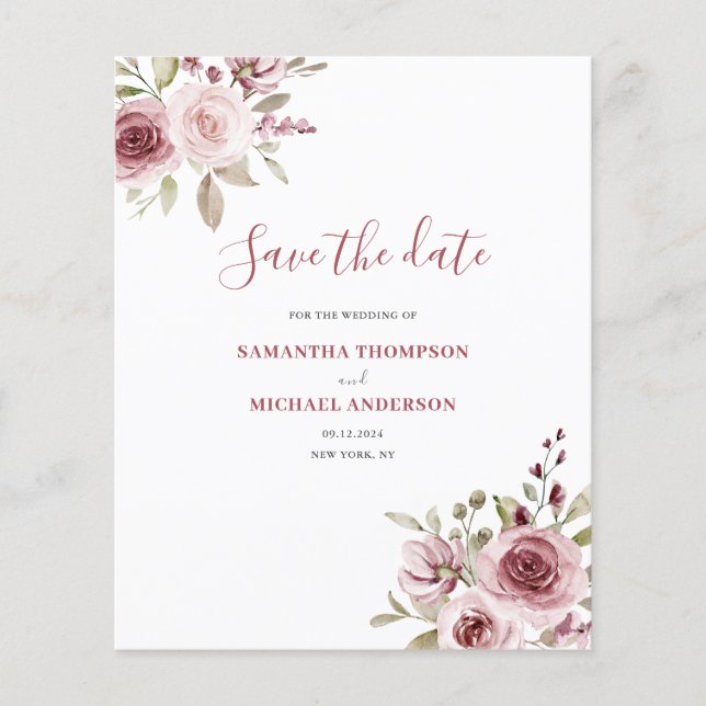 Budget Pink Floral Wedding Save The Date (Front)