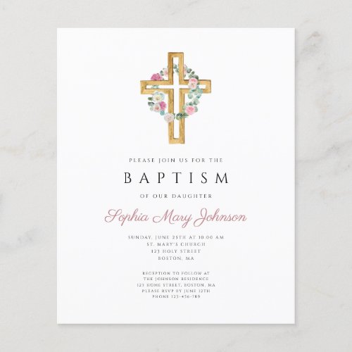 Budget Pink Floral Wreath Cross Baptism Invitation