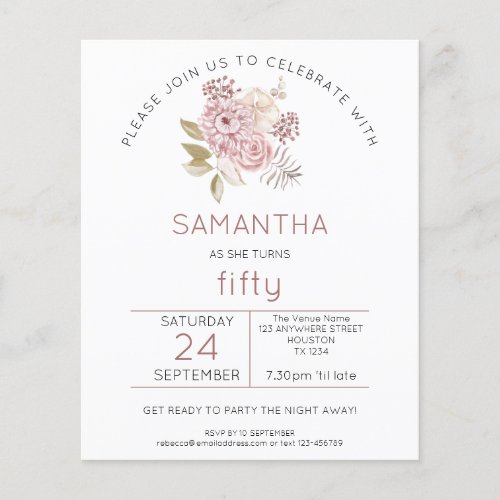 Budget Pink Florals 50th Birthday Party Invitation