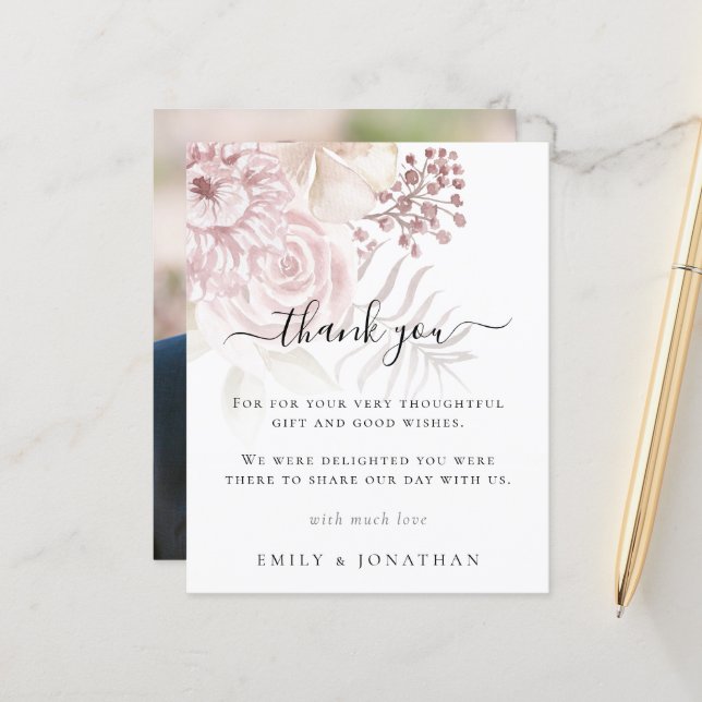 Budget Pink Florals Photo Newlyweds Thank You (Front/Back In Situ)