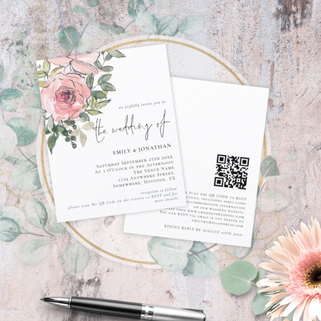 Budget Pink Florals QR Code Wedding Invitation (Creator Uploaded)