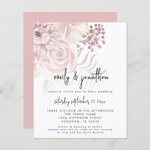 Budget Pink Florals Script QR Code Wedding Invite